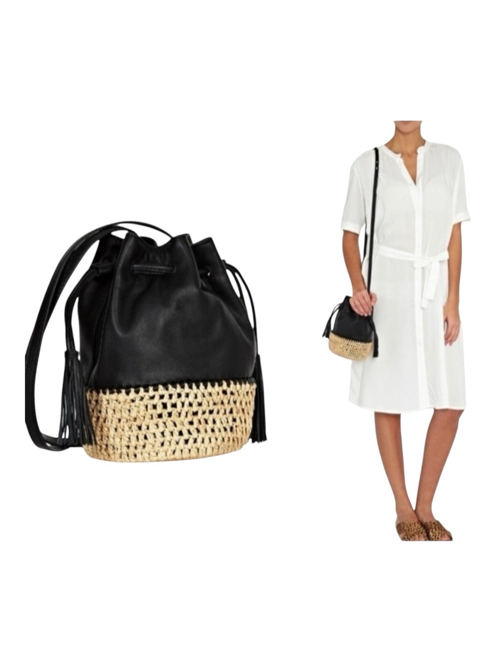 LOEFFLER RANDALL Bucket Bag Leather Raffia Woven Shoulder Black Mini Crossbody